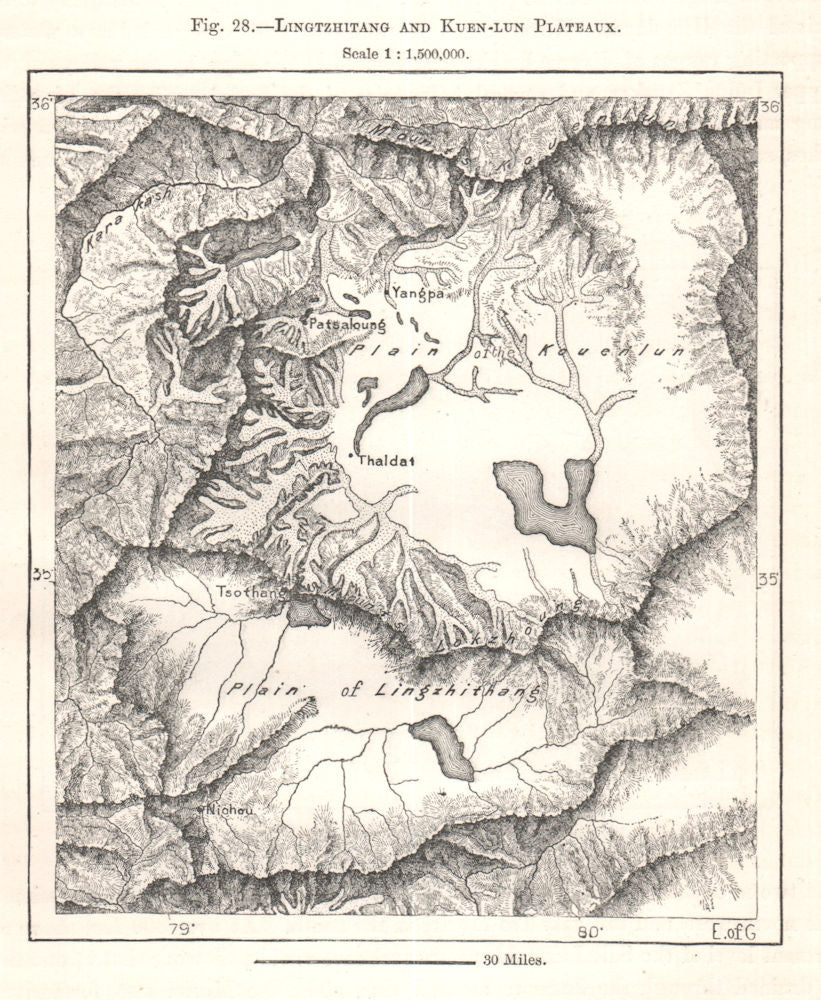 Lingtzhitang and Kuen-lun Plateaux. China. Sketch map 1885 old antique